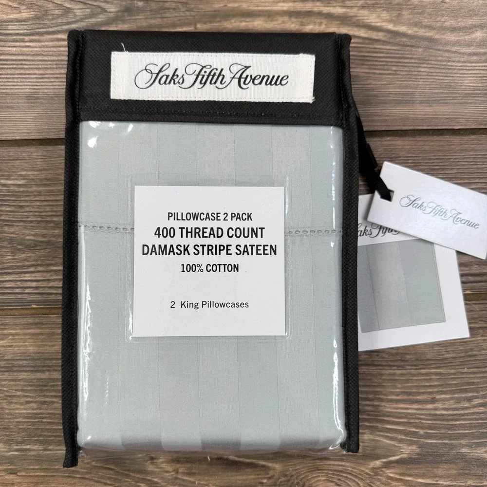 Saks Fifth Avenue King Pillowcase 2 Pack Gray Damask Stripe Sateen Cotton NEW